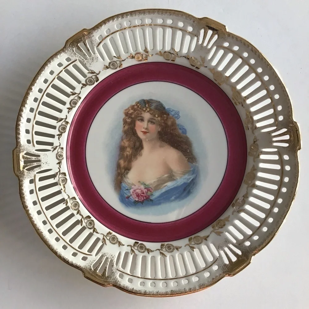 PAIR Portrait Plate Reticulated Maidens Paul's Gifts FRP & Co NY Germany Vintage